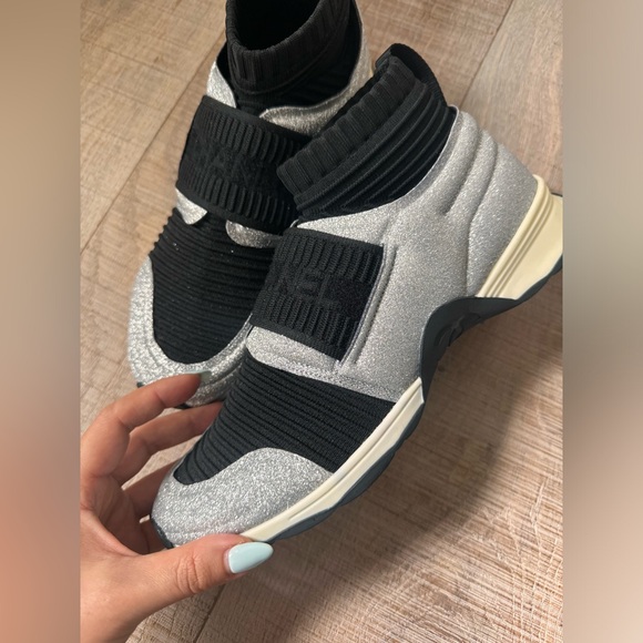 2017 Chanel CC Logo sock silver black knit sneakers slip on shoes bag jacket 39 - Picture 2 of 7